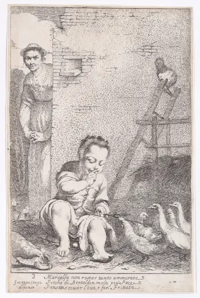 Plate 9; Marcolfa finds Bertoldino hatching eggs av Giuseppe Maria Crespi