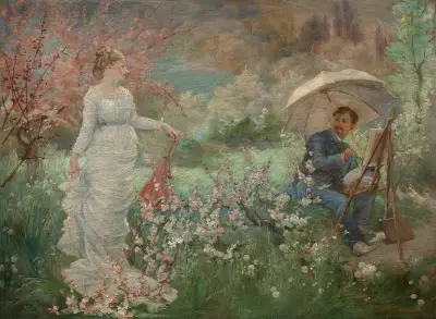 The painter and his model in a garden av Marie Bracquemond