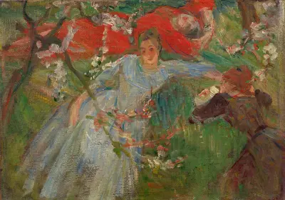 Three women lying on the lawn av Marie Bracquemond