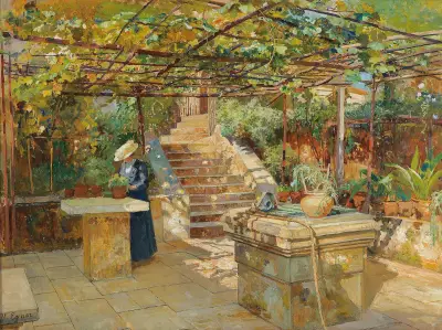 Eine Blumenliebhaberin auf einer sonnigen Terrasse von Marie Egner