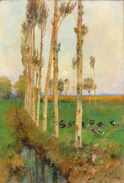 A poplar-lined avenue with turkeys av Marie Egner