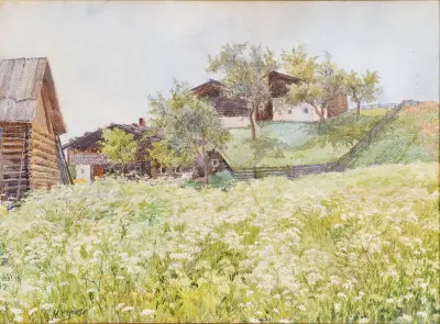 Farm houses, a white blooming field in front of it av Marie Egner