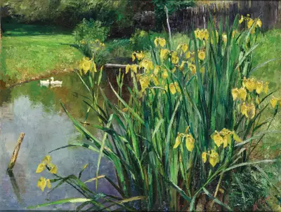 Yellow Irises by a Pond av Marie Egner
