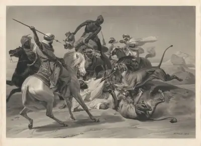 Chasse au lion au Sahara (after Horace Vernet) av Jean-Pierre-Marie Jazet