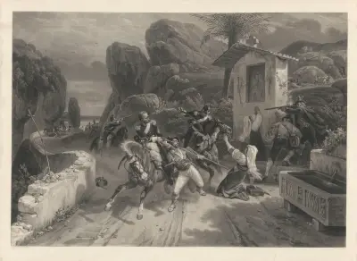 Combat entre les dragons du pape et les brigands (after Horace Vernet) av Jean-Pierre-Marie Jazet