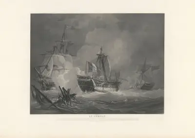Le Combat – Le Vaisseau LES DROITS DE L’HOMME, de 74 canons, commandé par le Capitaine LA CROSSE soutient le 13 Janvier 1797 (after Morel-Fatio) av Jean-Pierre-Marie Jazet