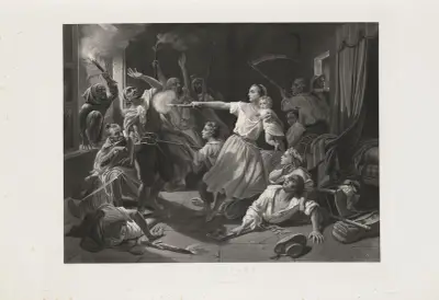 Le Pillage – Attaque d’une ferme française à Dra-El-Mizan (Algérie) (after Jules Alfred Vincent Rigo) av Jean-Pierre-Marie Jazet