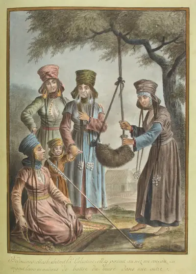 Bédouines – elles habitent la Palestine – elles portent au nez un aneau en argent. Leurs manières de battre du beure dans une outre av François-Marie Rosset