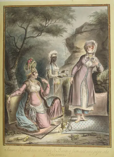 Femme d’Ispahan, et l’autre de Basora fumant une pipe à la Persanne av François-Marie Rosset