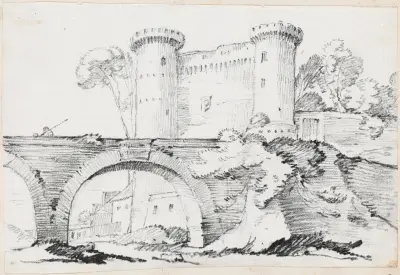 A Stone Bridge and the Fortified Entrance to a Town av Joseph-Marie Vien