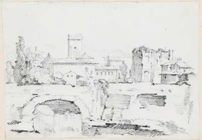 An Italian Town with a Stone Bridge and a Waterfall av Joseph-Marie Vien