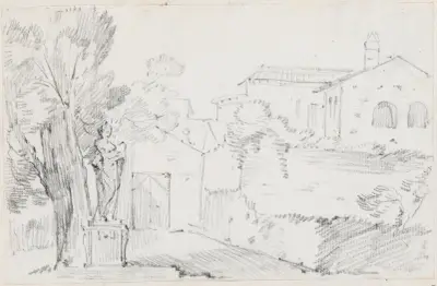 Ett hörn av en italiensk trädgård med en kyrka i fjärran av Joseph-Marie Vien