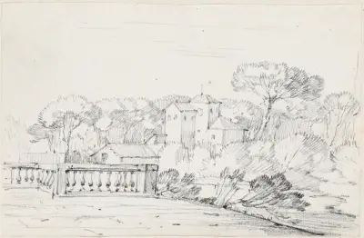 Terrasse vid en flod med en villa och träd bortom av Joseph-Marie Vien