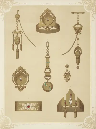Rocznik II (Zeszyt II) 4. [Osiem projektów biżuterii, w tym złote wyroby z zielonymi kamieniami i perłami], Martin Gerlach