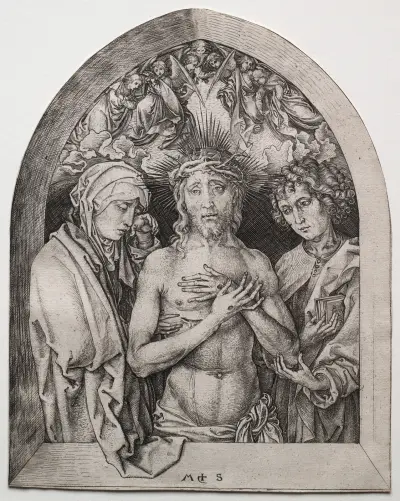 Christ as the Man of Sorrows between the Virgin and St. John av Martin Schongauer