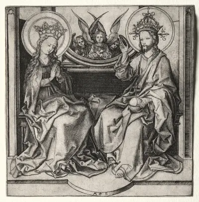 Gottvater und die selige Jungfrau auf dem Thron mit Engeln von Martin Schongauer