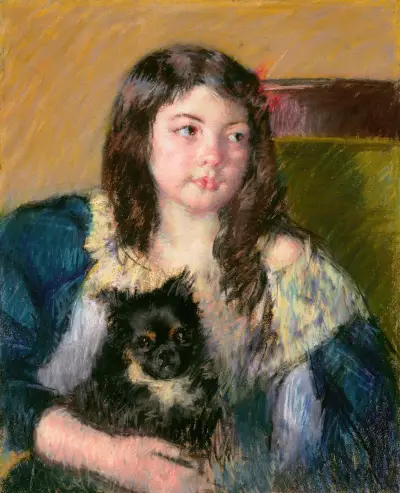 Françoise, Holding a Little Dog, Looking Far to the Right av Mary Cassatt