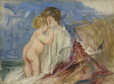 Mother Seated with Baby Standing Next to Her in a Landscape av Mary Cassatt