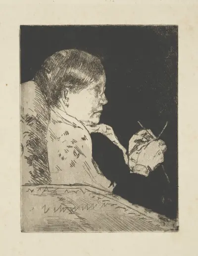 Mrs. Cassatt knitting, profile view av Mary Cassatt