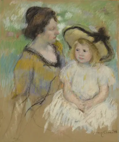 Simone Seated on the Grass Next to Her Mother av Mary Cassatt