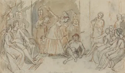 Bönderna uppträder ur 'En midsommarnattsdröm' av John Massey Wright