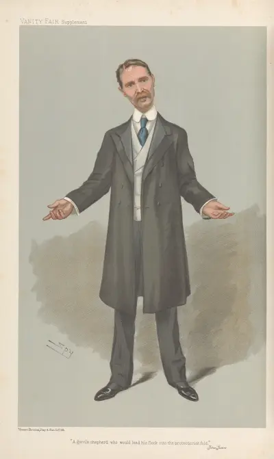 Premiärministrar – 'En mild herde som skulle leda sin hjord in i skyddstullarnas fålla'. Mr. Andrew Bonar Law. 2 mars 1905 av Leslie Matthew Ward