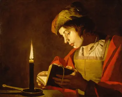 A Young Man Reading by Candlelight av Matthias Stom