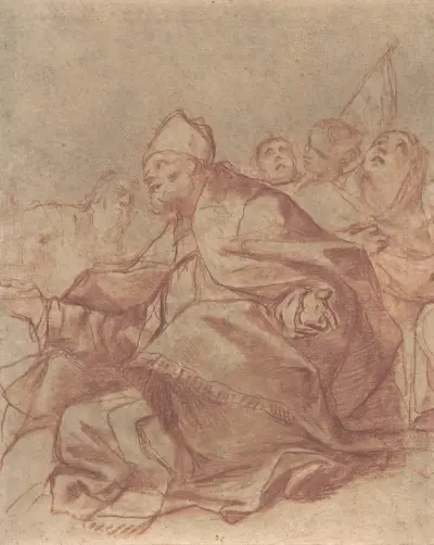 Seated Bishop with Arms Extended and Three Attendant Figures av Mattia Preti