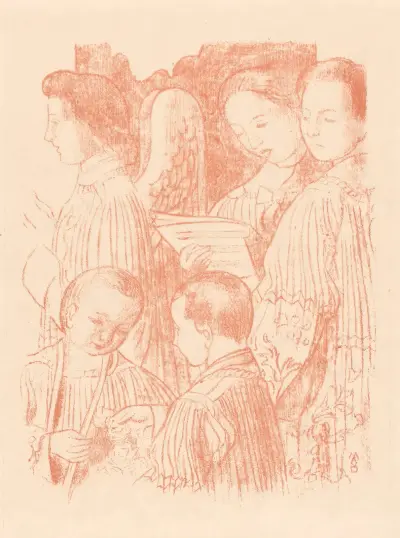 Tre sjungande änglar och två korgossar under den heliga mässan av Maurice Denis