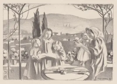 Italiaans landschap met moeder en kind en drie zingende meisjes von Maurice Denis