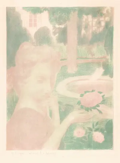 Ung kvinna får en blombukett i en trädgård av Maurice Denis