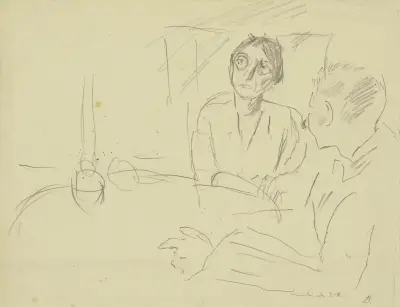 Frau und Mann an rundem Tisch sitzend av Max Beckmann