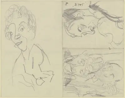 Frauenkopf, ein Geiger, zwei Bassisten (Drei verschiedene Skizzen auf einem durch Faltung in vier Felder unterteilten Papierbogen) av Max Beckmann