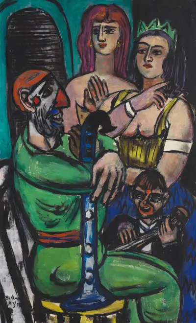 Großer Clown mit Frauen und kleiner Clown av Max Beckmann