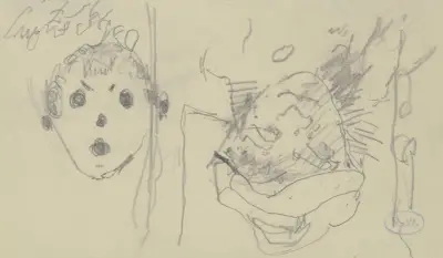 Kopf einer Frau mit Hut sowie eine – bei Drehung des Papiers um 180 Grad gezeichnete – schematische Fratze av Max Beckmann
