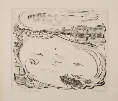 Main River Landscape, plate 6 from the portfolio ‘Faces’ av Max Beckmann