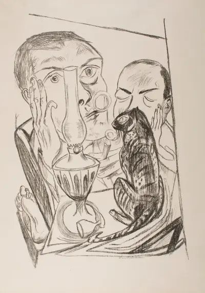 Self-Portrait with Cat and Lamp av Max Beckmann