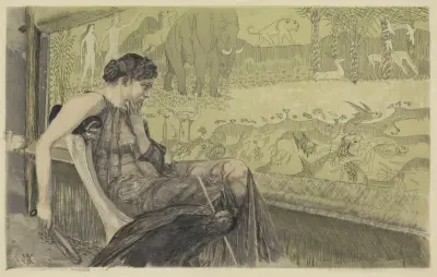 Penelope gazes at her loom, lost in thought von Max Klinger