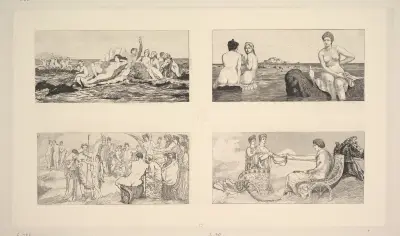 Venus till havs; Venus får kännedom om Amors förhållande; Psyche tas emot på Olympus; Venus möter Juno och Ceres av Max Klinger