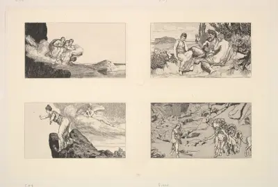 Zephyrus Die Schwestern Tragend; Pan Psyche Tröstend; Die Schwester Sich Vom Felsen Stürzend; Psyche Auf Dem Weg Zum Tartarus av Max Klinger