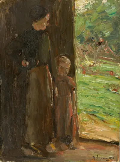 Bondkvinna med barn under dörren – kvinna och barn i ytterdörren av Max Liebermann