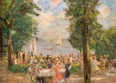 Ölträdgård nära Wannsee (Hus vid sjön) av Max Liebermann