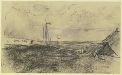 Utsikt mot stranden med båtar av Max Liebermann