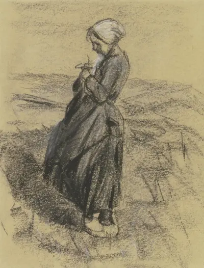 Flicka på fältet, stickande av Max Liebermann
