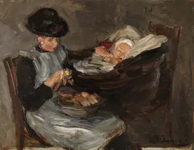Flicka från Laren som skalar potatis vid ett sovande barn i en korg av Max Liebermann