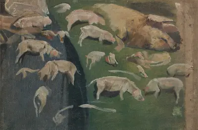 Sugga med kultingar, studier till svinstia av Max Liebermann