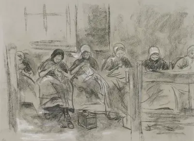 Sex holländska flickor som närmar sig framför en husvägg av Max Liebermann