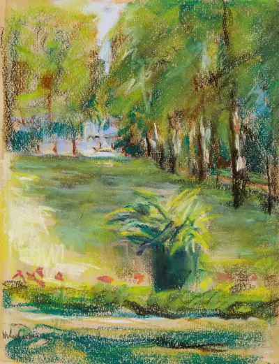 Konstnärens trädgård sedd mot öster från terrassen med utsikt över björkallén och Wannsee av Max Liebermann