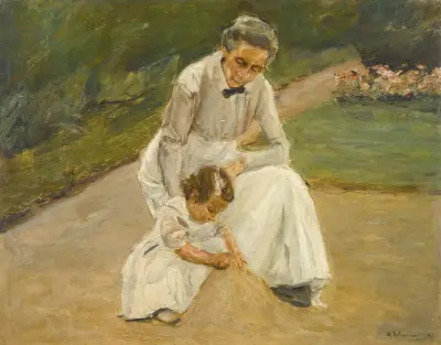 Die Enkelin des Künstlers und ihre Kinderfrau beim Spielen im Garten von Max Liebermann