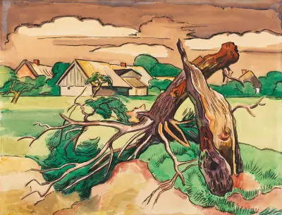 Broken tree in front of a Pomeranian village landscape av Hermann Max Pechstein